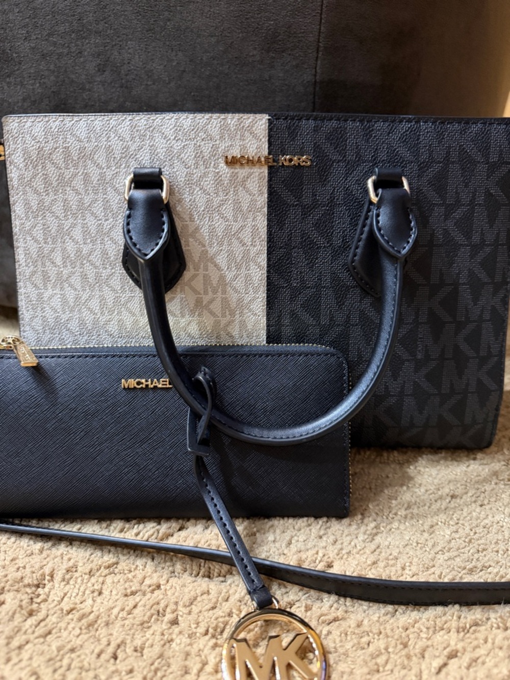 Michael Kors Two-Tone Black & White Signature Tote with Wallet and MK Charm